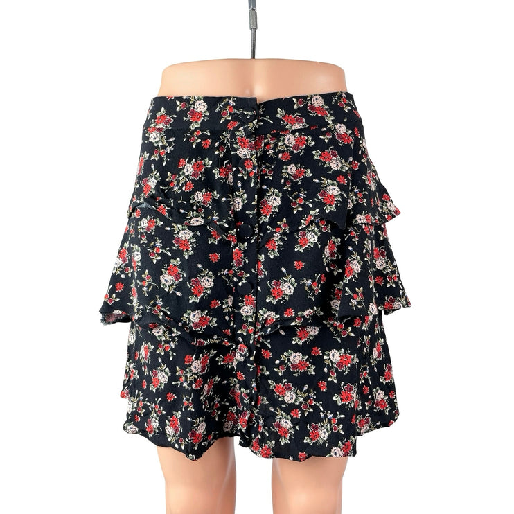 Zara Black Red Floral High Waisted Button Ruffle Tiered A Line Mini Skirt Size M