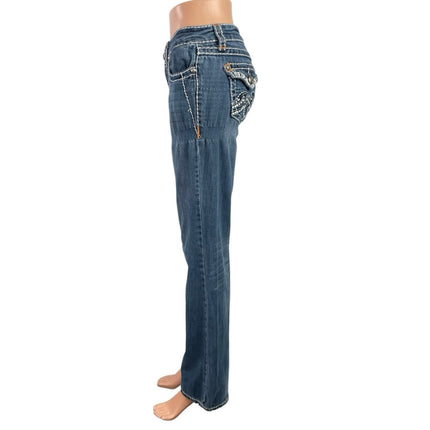 LA Idol Women's Blue Low Rise Y2k Medium Wash Flare Bootcut Denim Jeans Size 28