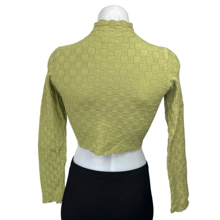 L.A. Heart Green Checker Stitch Mock Neck Long Sleeve Cropped Sweater Top Size S