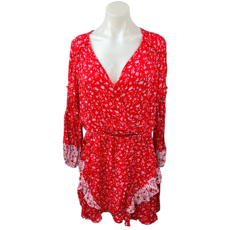 Parker Red Floral Silk Ruffle V-neck Long Sleeve Faux Wrap Mini A-line Dress L