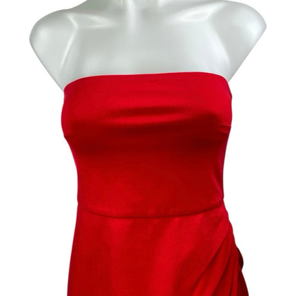 Lulus Red Strapless Sleeveless Bandeau Drape Tube Slit Sheath Maxi Dress Size S