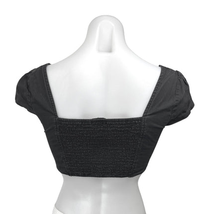 I.AM.GIA Black Short Sleeve Button Down Smocked Denim Jean Crop Top Size S