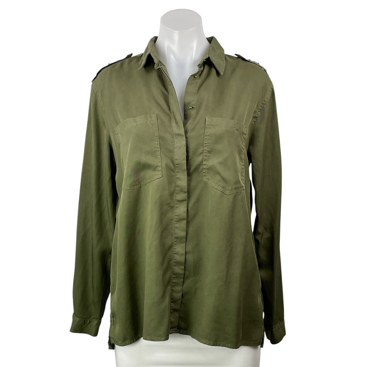 Zara Women's Green Pocket Long Sleeve Collared Button Down Shirt Top Size S
