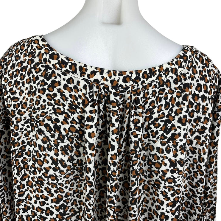 NYDJ Black Brown Leopard Print Henley Pleat Back 3/4 Sleeve Tunic Blouse Size 2X