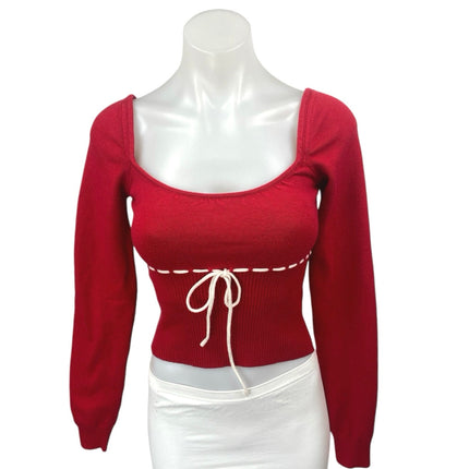 Edikted Natasha Women's Red Ribbed Knit Ribbon Bow Long Sleeve Crop Top Size M