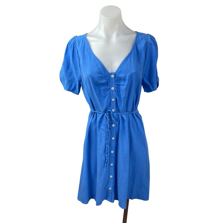 Madewell Blue Short Puff Sleeve Button Down Tie Waist V Neck A Line Mini Dress 4