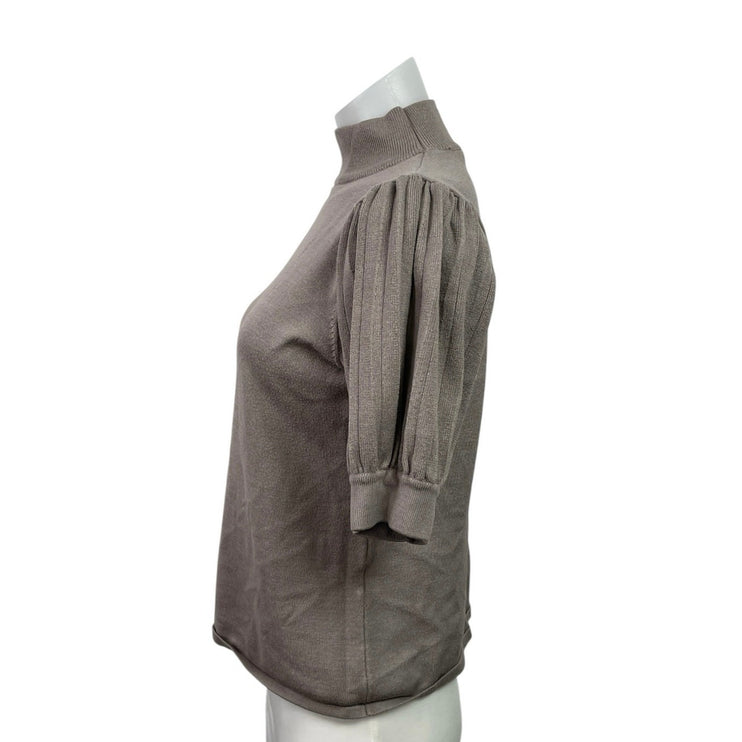 Tahari Women's Gray Turtle Neck Pleated Short Puff Sleeve Sweater Blouse Top M