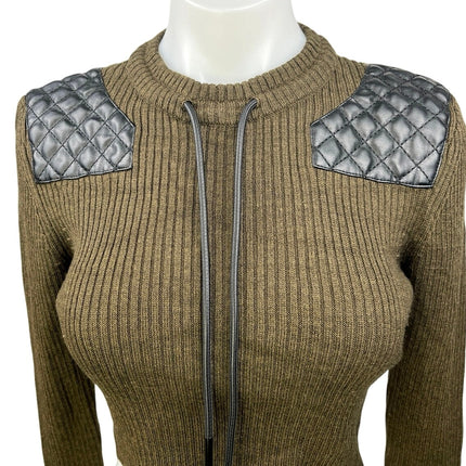 The Kooples Khaki Green Wool Ribbed Leather Insert Pullover Crop Sweater Top S