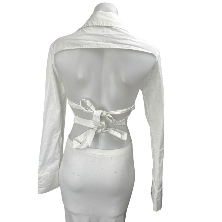 Lioness Women's White Open Back Long Sleeve Button Up Shirt Crop Top Size M
