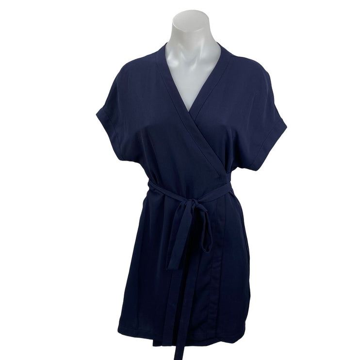 Tobi Women's Navy Blue V Neck Short Sleeve Tie Waist Midi A-Line Wrap Dress Sz S