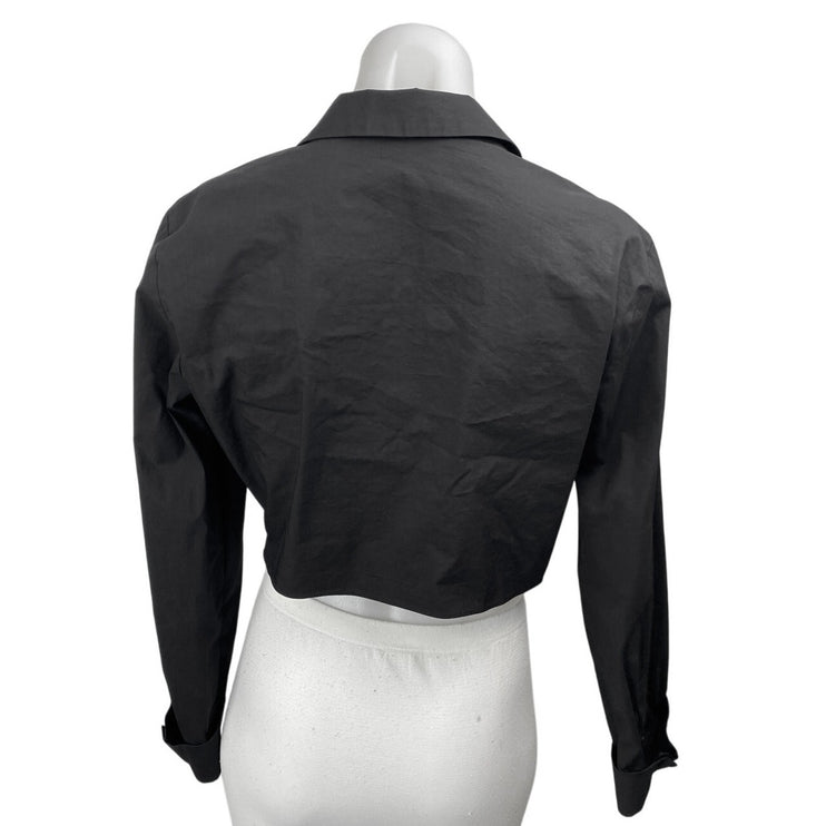 Zara Women's Black Collared Long Sleeve Cutout Open Front Crop Shirt Top Size L