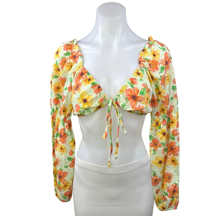 Wild Fable Yellow Orange Multi Embroidered Floral Long Sleeve Crop Top Size XS