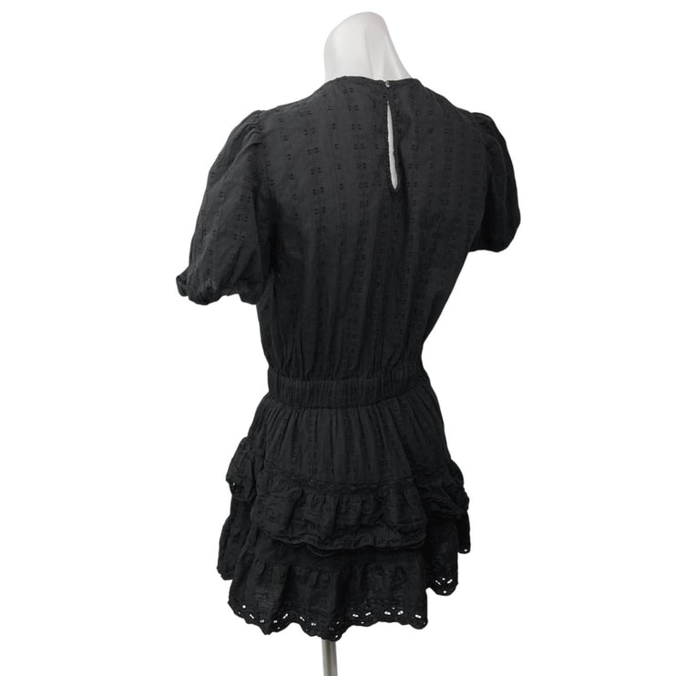 Zara Black Eyelet Embroidered Puff Sleeve Ruffle Tiered A Line Mini Dress Size M