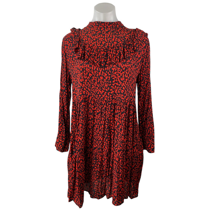 ZARA Red Black Leopard Print Ruffle Mock Neck Long Sleeves Mini A-Line Dress S