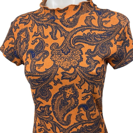Urban Outfitters Orange Blue Floral Paisley Short Sleeve Mini Bodycon Dress Sz M
