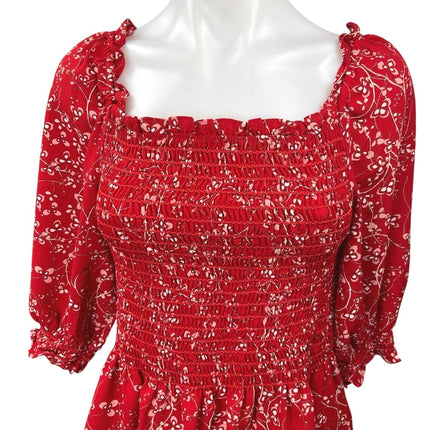 Max Studio Red Floral Ruffle Stretch 3/4 Sleeve Smocked Peplum Blouse Top Size M