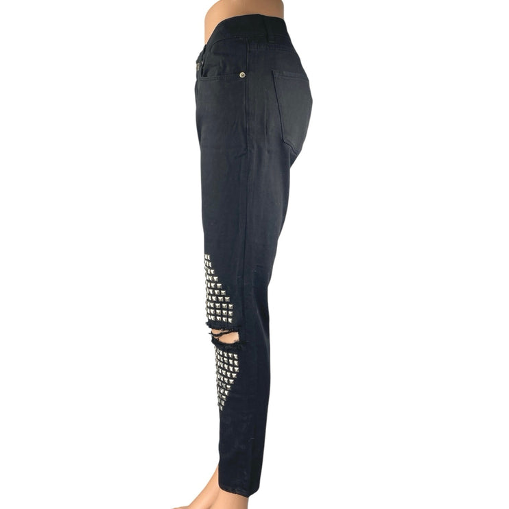 Gaelle Black Studded Distressed Ripped Knee Mid Rise Skinny Denim Jeans Pants 27