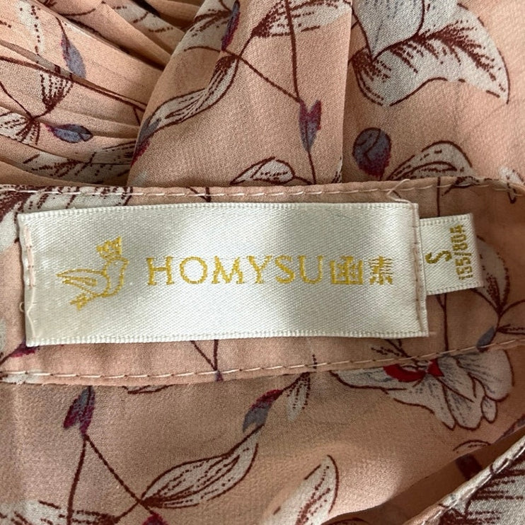 Homysu Women's Pink Floral Pleated 3/4 Sleeve Tie Neck A Line Midi Dress Size S