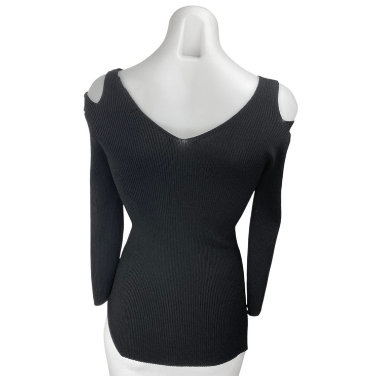 Catherine Malandrino Black Rib Knit Cold Shoulder Long Sleeve Sweater Top Size S
