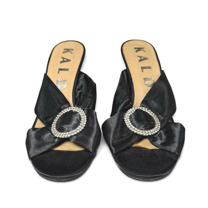 Kalda Black Satin Buckles Cross Straps Rhinestone Heeled Mules Sandals Sz 8.5-9