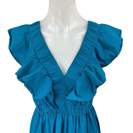 Japna Blue Sleeveless Ruffle V-Neck Elastic Waist Tiered Midi A-Line Dress Sz S