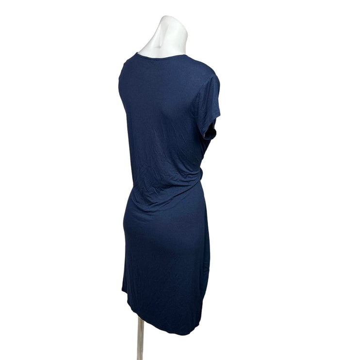 Halston Navy Blue Belted Tie Waist Cap Sleeve Stretch Midi Sheath Dress Size M