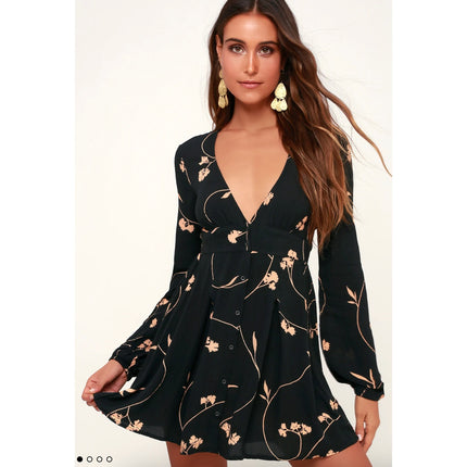 Billabong Black Beige Your Love Floral Long Sleeve Button-Up Skater Mini Dress S