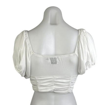 Princess Polly White Mesh Puff Sleeve Square Neck Cinched Tie Crop Blouse Top 8