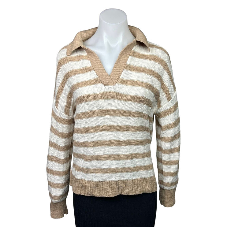 Sonoma Brown White Striped Waffle Knit Collar V-neck Long Sleeve Sweater Size M