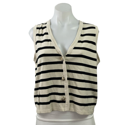 Illusory Women's Cream Black Striped Sleeveless Button Up Crop Cardigan Size L