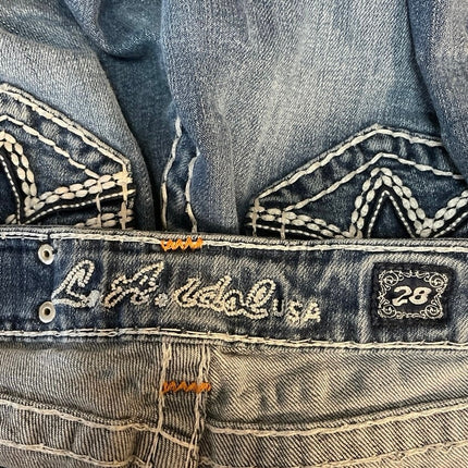 LA Idol Women's Blue Low Rise Y2k Medium Wash Flare Bootcut Denim Jeans Size 28