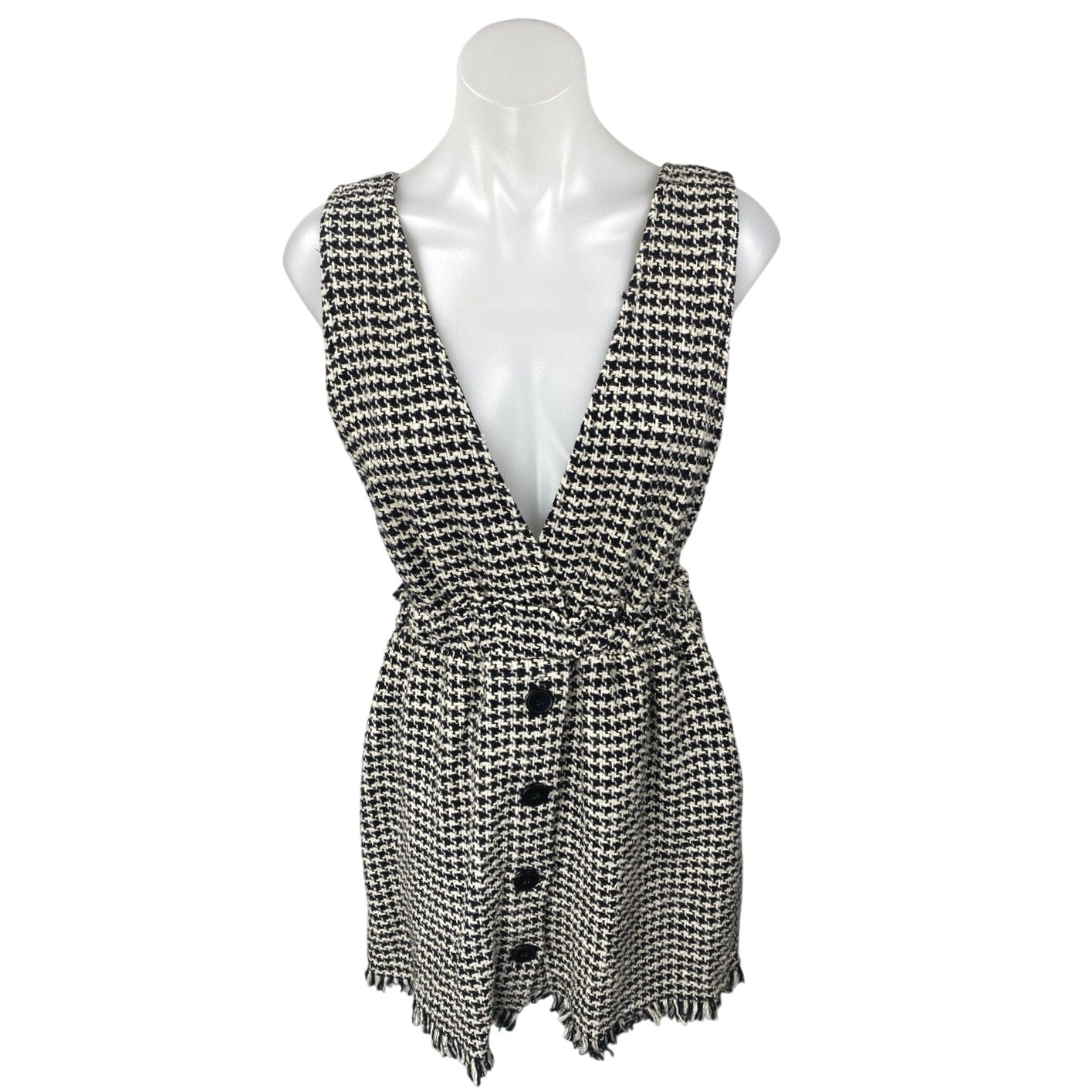 Zara Black White Tweed Button Front Sleeveless Pinafore Vest Mini Dres Brie Zara Black White Tweed Button Front Sleeveless Pinafore Vest Mini Dres Brie