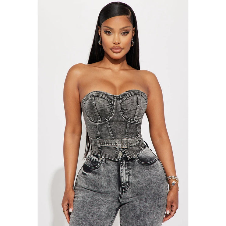 NEW Fashion Nova Black Washed Strapless Bandeau Corset Denim Jean Crop Top XS