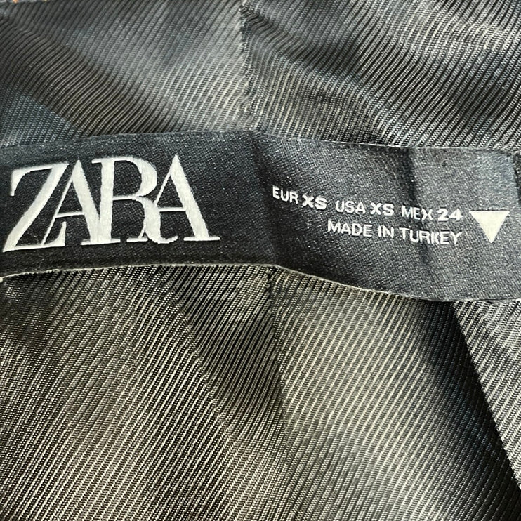 Zara Brown Gingham Plaid Cropped Tailored Notch Pocket Blazer Coat Jacket Sz XS
