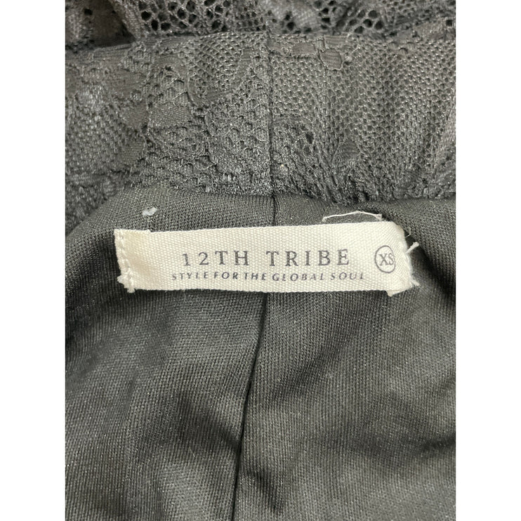 12Th Tribe Women's Black Mesh Sheer Floral Lace Flared Trousers Pants Size XS