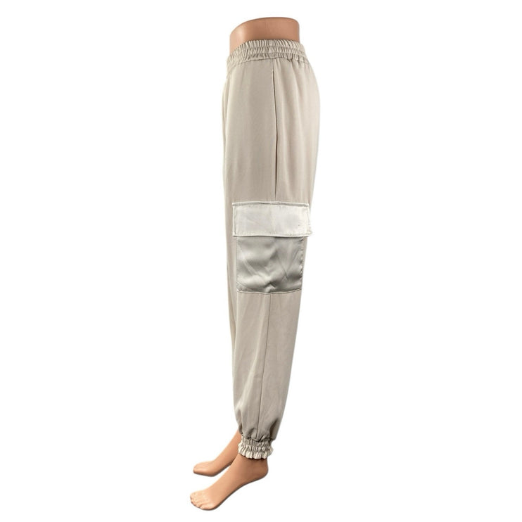 Pois Women Beige High Waisted Pull On Tapered Leg Cargo Jogger Sweat Pants Sz S