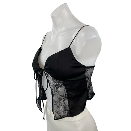 Guizio Lace Tie Womens Black Satin Floral Sheer Mesh Sleeveless Cami Tank Top XS