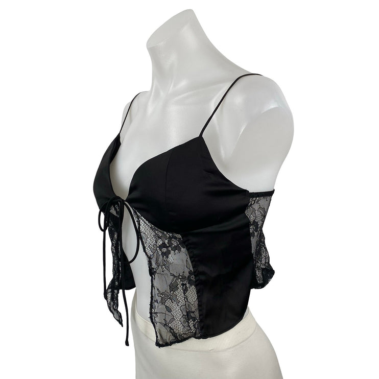 Guizio Lace Tie Womens Black Satin Floral Sheer Mesh Sleeveless Cami Tank Top XS