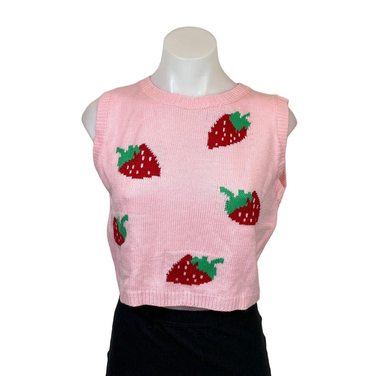 Shein Women Pink Strawberry Print Knit Crew Neck Crop Sleeveless Vest Sweater  S