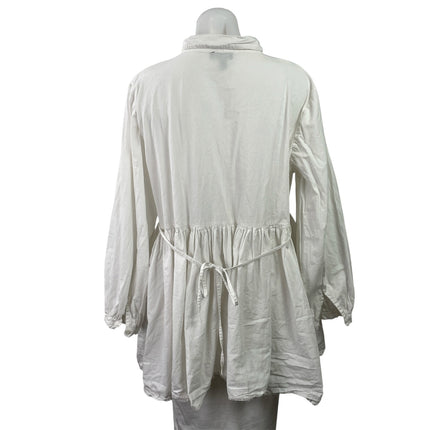 QED London White Long Balloon Sleeves Button Front Smocked Mini Shirt Dress 12