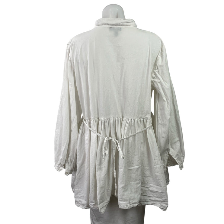 QED London White Long Balloon Sleeves Button Front Smocked Mini Shirt Dress 12