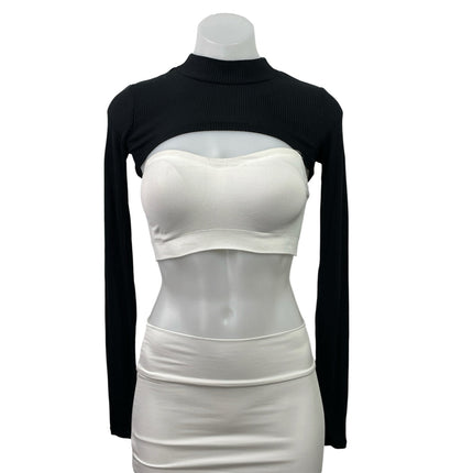 Alo Yoga Black Mock Neck Long Sleeve Ribbed Knit Shrug Bolero Crop Top Size XS