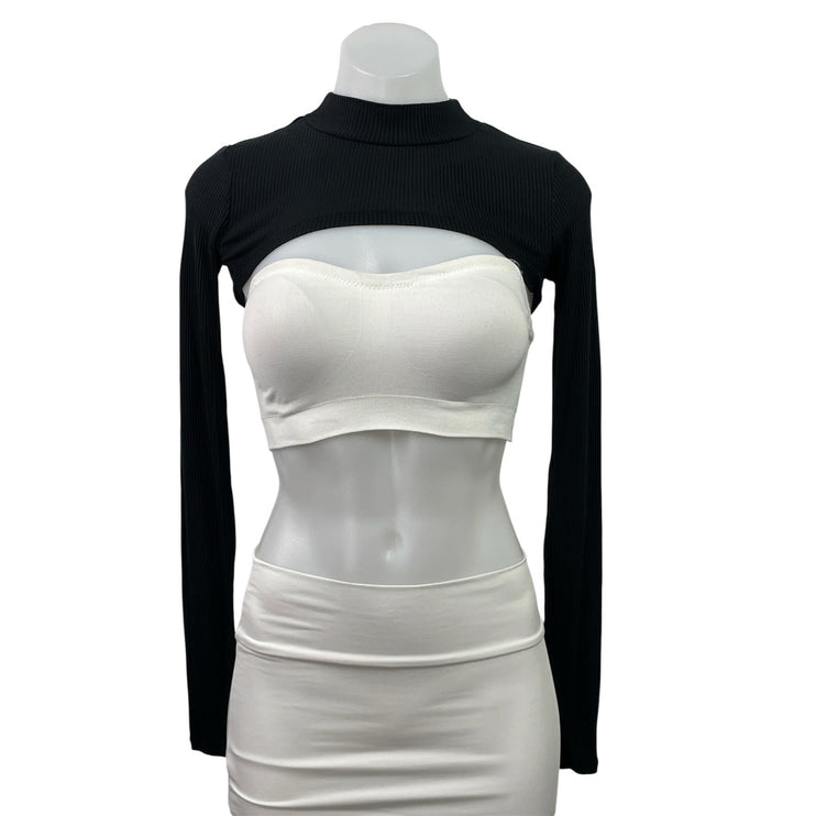 Alo Yoga Black Mock Neck Long Sleeve Ribbed Knit Shrug Bolero Crop Top Size XS