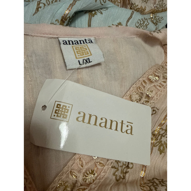 NEW Ananta Blue Long Sleeve Metallic Tapestry Colorblock A Line Maxi Dress L/XL