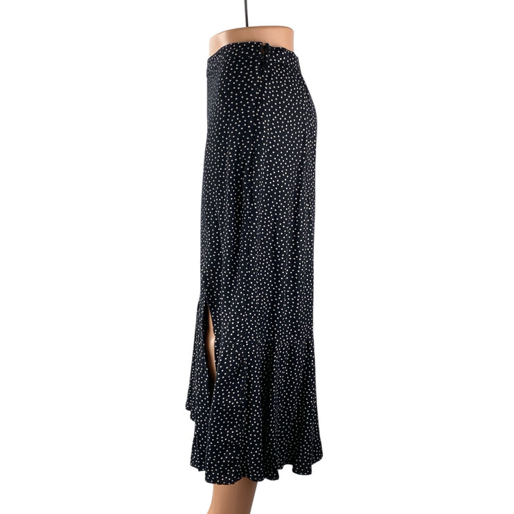 Abercrombie & Fitch Black White Polka Dots Side Slit Ruffle Slip Midi Skirt Sz S