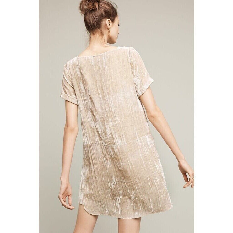 Anthropologie Floreat Beige Velvet Velour Short Sleeve Mini Shift Dress Size XS