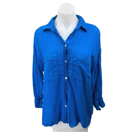 Zara Women's Blue Linen Long Sleeve Pockets Collar Button Down Shirt Top Size M