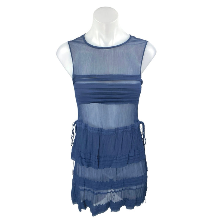 Club Monaco Blue Sleeveless Sheer Mesh Ruffle Tiered Mini Tank Dress Size 00