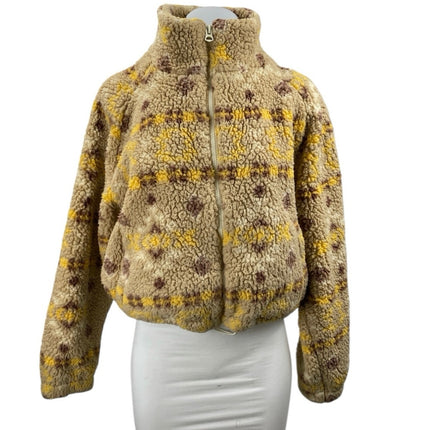 Love Tree Women Beige Full Zip Long Sleeve Faux Sherpa Teddy Sweater Top Size M