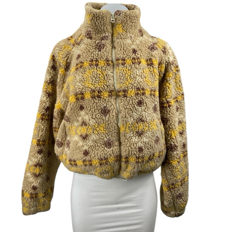Love Tree Women Beige Full Zip Long Sleeve Faux Sherpa Teddy Sweater Top Size M